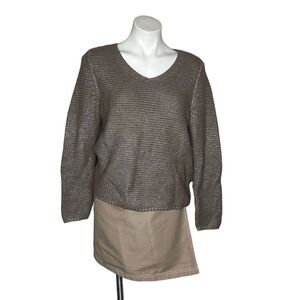 CHICOS Taupe Sweater Top Silver Rounded V Neck Textured Knit Size 1 US Medium